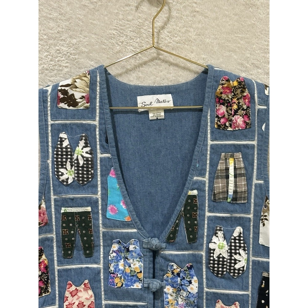Soul Mates Vintage Boho Denim Vest Womens Medium Appliqué Patchwork Boho - Picture 4 of 9